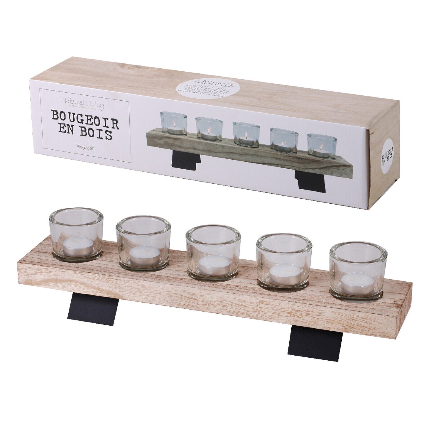 5-Piece Glass Tealight Candle Holder Set with Wooden Tray for Table Centerpiece Decoration - Christmas Edition