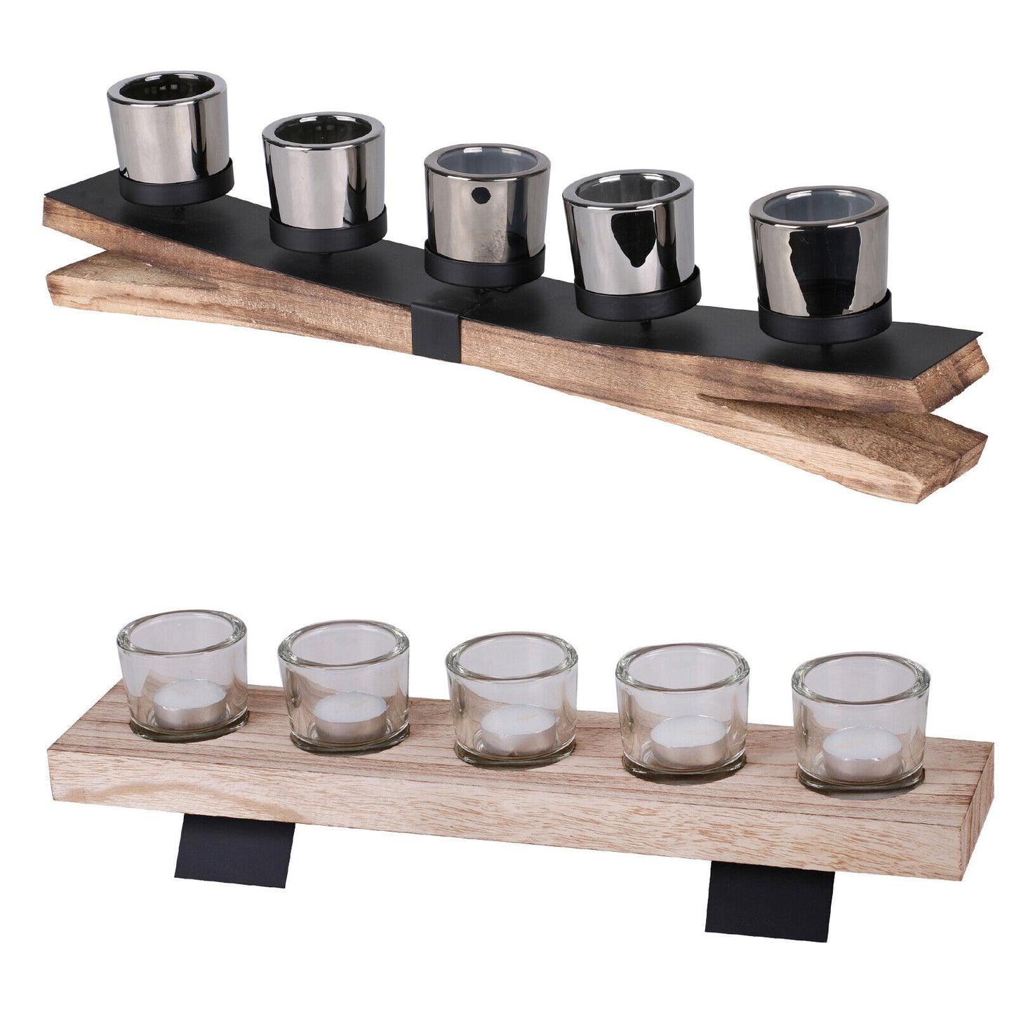 5-Piece Glass Tealight Candle Holder Set with Wooden Tray for Table Centerpiece Decoration - Christmas Edition