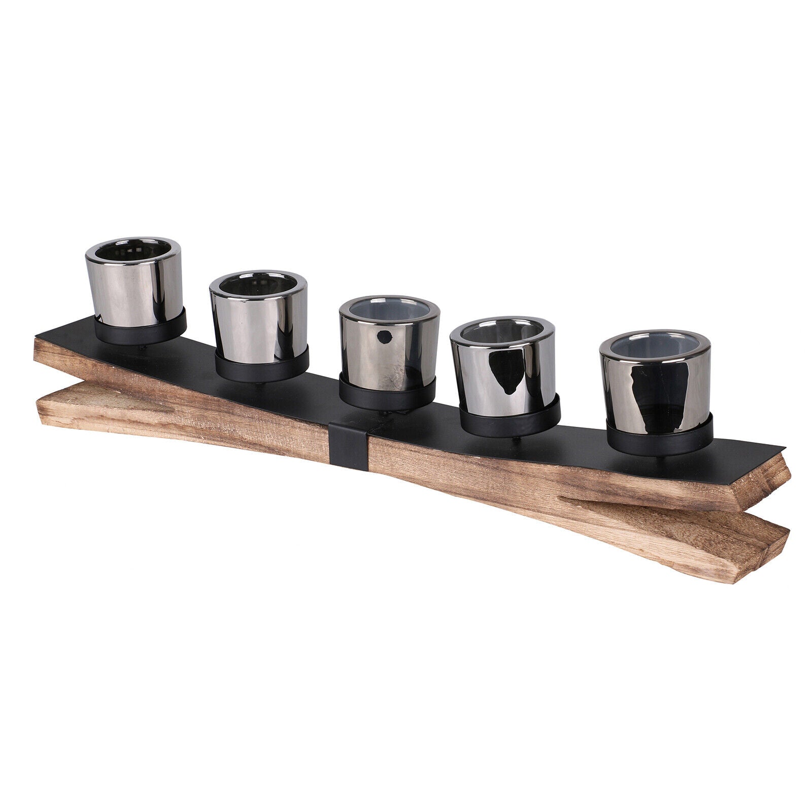 5-Piece Glass Tealight Candle Holder Set with Wooden Tray for Table Centerpiece Decoration - Christmas Edition