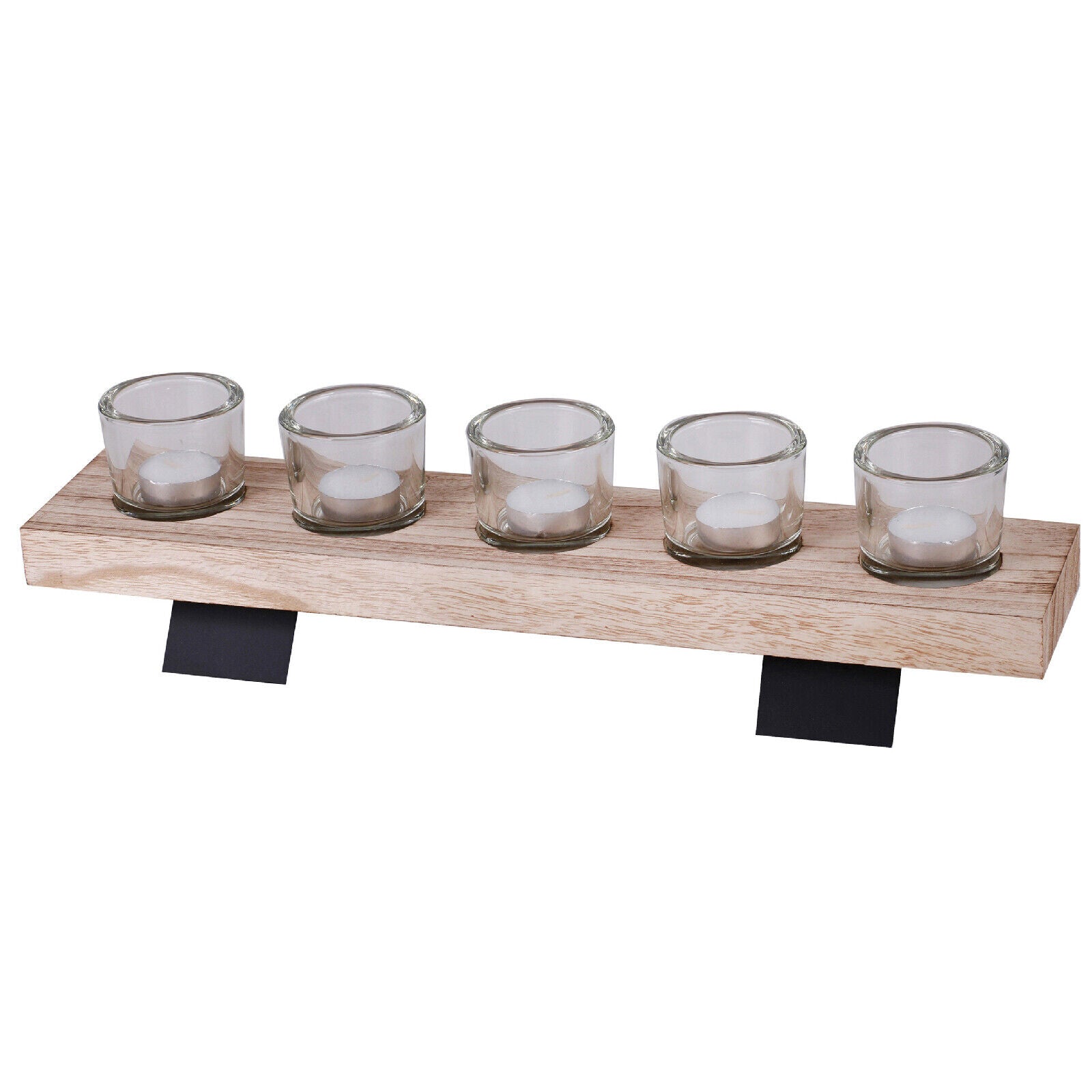 5-Piece Glass Tealight Candle Holder Set with Wooden Tray for Table Centerpiece Decoration - Christmas Edition